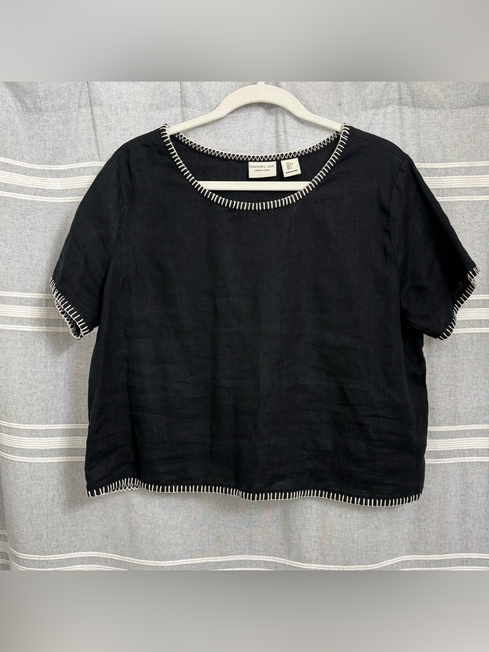 Rachel Zoe Black & White Linen Short Sleeve Blouse Size L Boho Resort Wear boxy